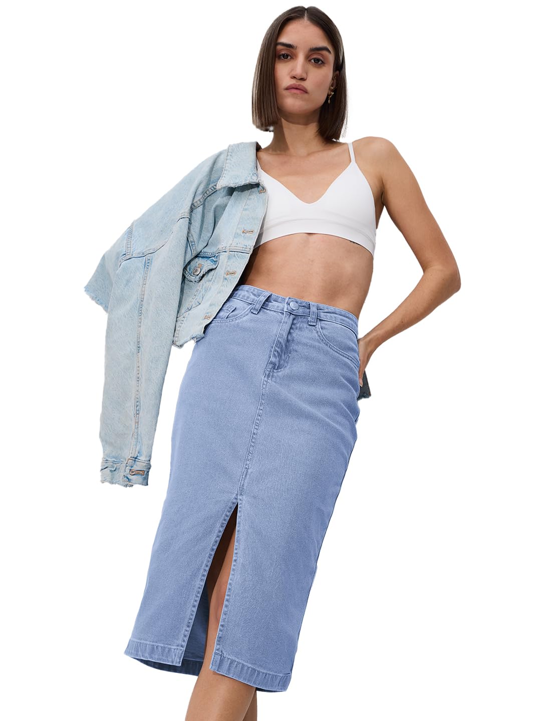 The Souled Store Denim Skirt: Mid Blue Women and Girls Solid Cotton Mini Skirts