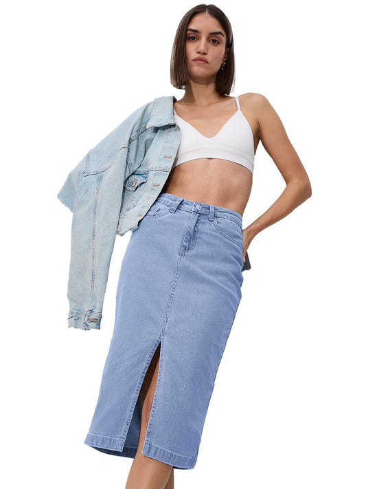 The Souled Store Denim Skirt: Mid Blue Women and Girls Solid Cotton Mini Skirts