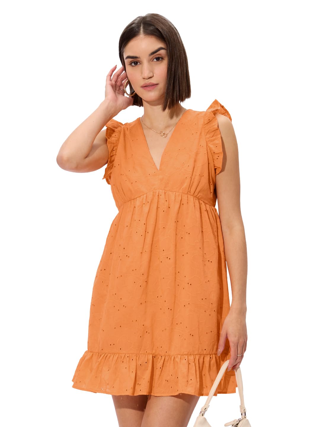 The Souled Store Cutwork Dress: Orange Women and Girls Long Sleeves V Neck Oversized Dresses