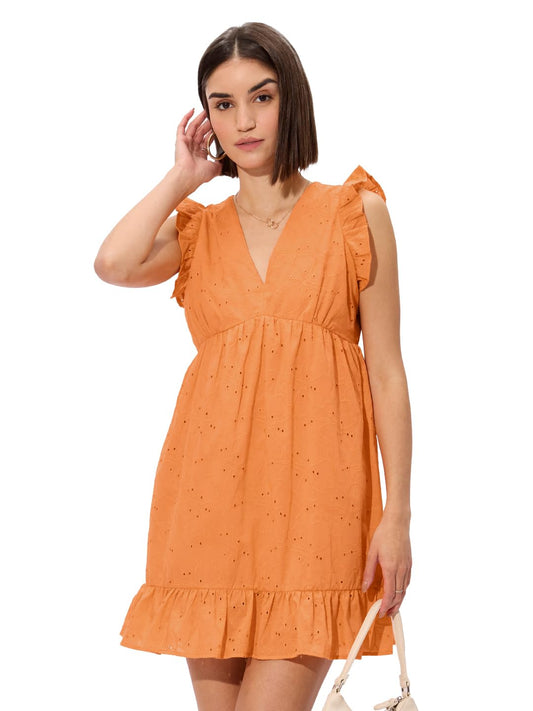 The Souled Store Cutwork Dress: Orange Women and Girls Long Sleeves V Neck Oversized Dresses