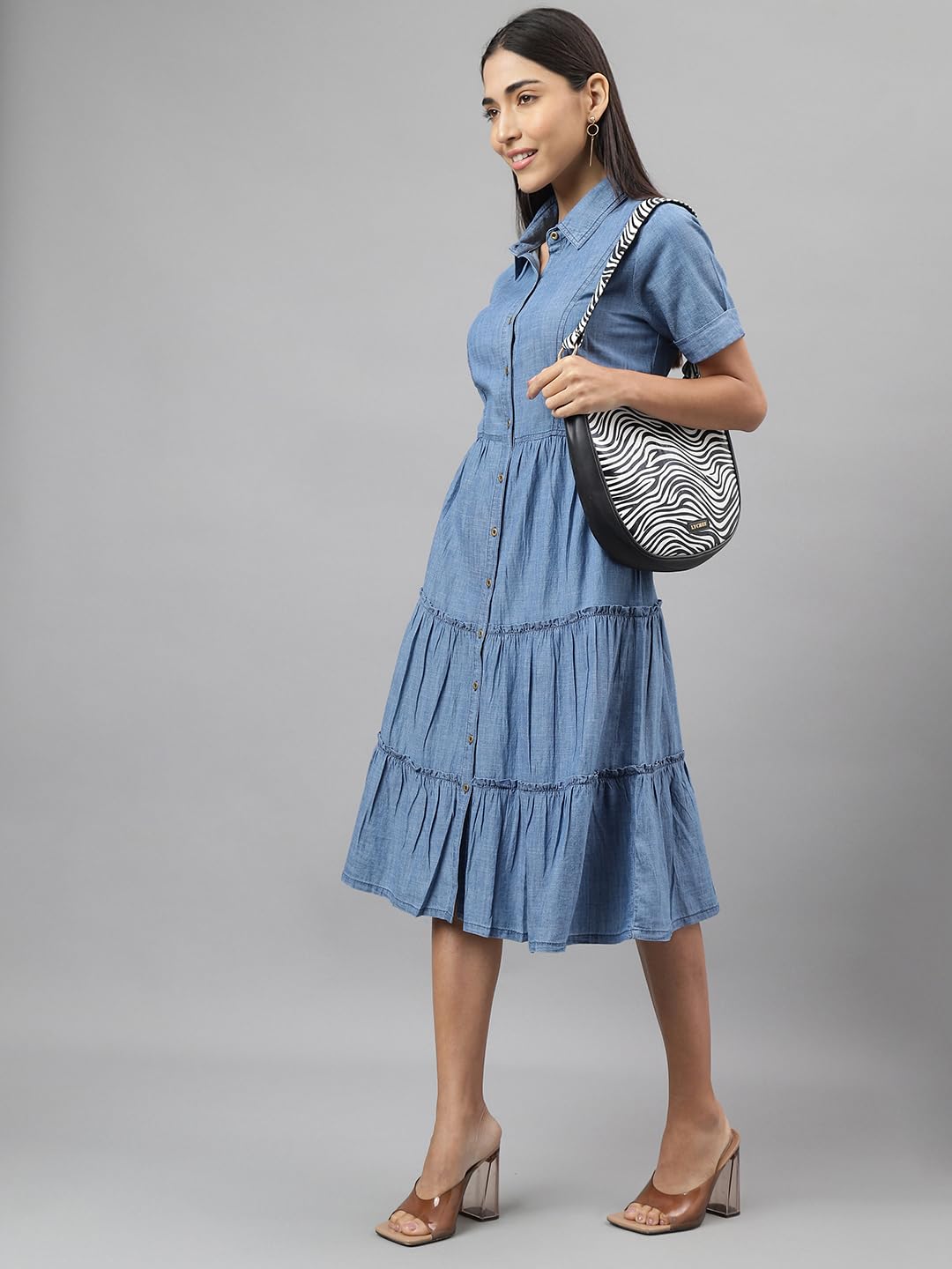 Latin Quarters Women Blue Denim Solid Knee-Length Shirt Dress with Collar Neck Half Sleeves and Button Closure in Cotton Viscose Fabric