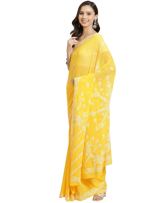 Ada Hand Embroidered Lucknow Chikankari Women's Georgette Saree with Unstitched Blouse Piece A311340 Yellow
