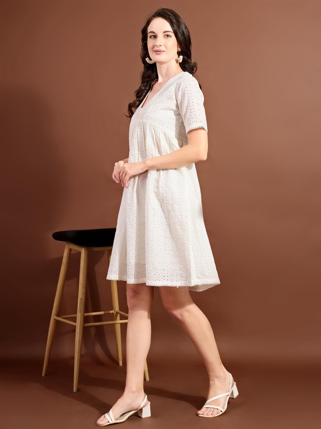 Womanista Women's Off White Cotton SCHIFLLI with CROCIO V-Neck LACE A-LINE Ethnic Dress Knee-Length