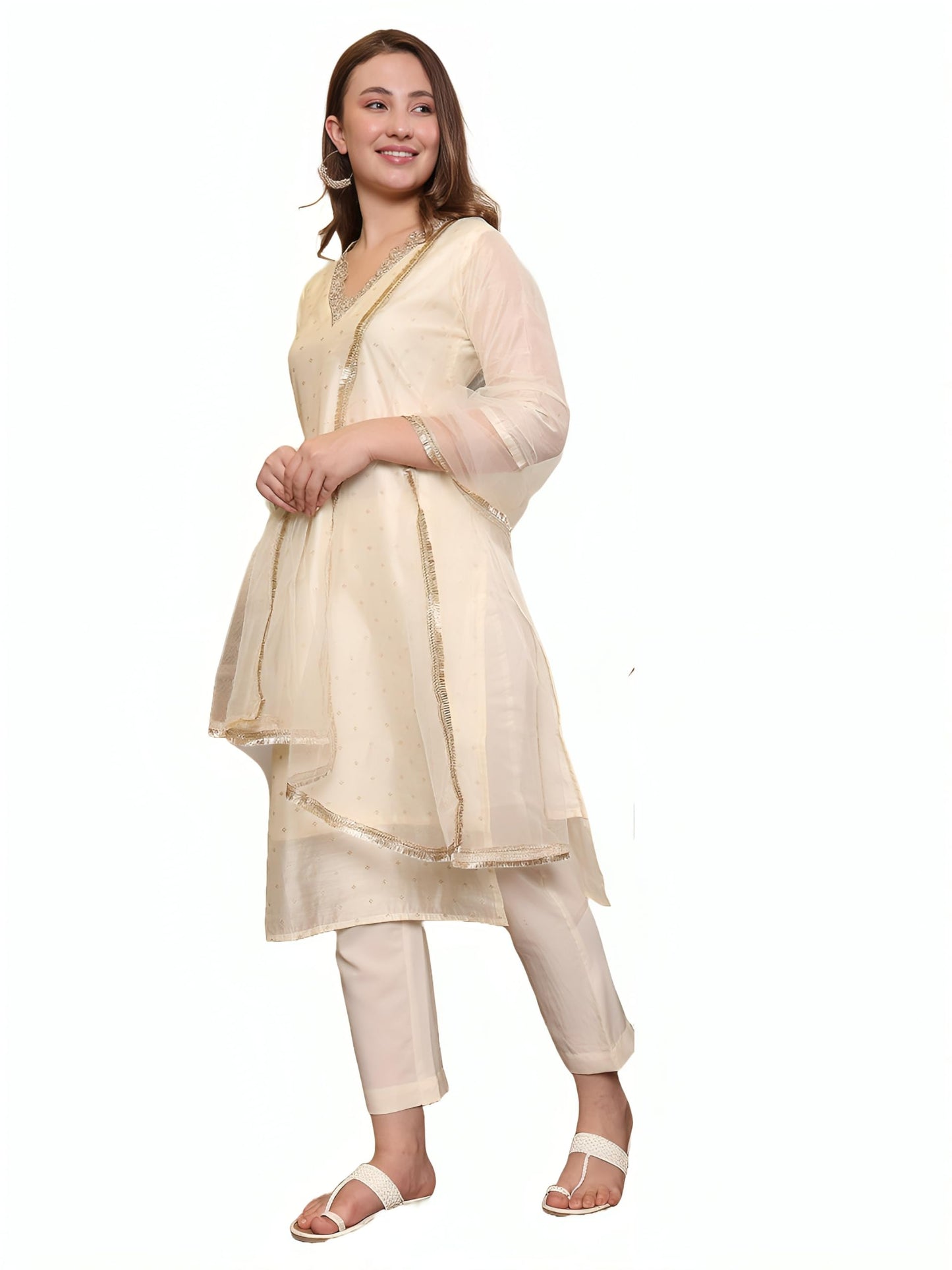 FABIAN FASHION Women’s Off-White Chanderi Straight Kurta Set with Pant & Net Dupatta | Sequinned Embroidered Ethnic Wear Kurta Pant Dupatta Set (ES_7539_OFF WHITE_L)