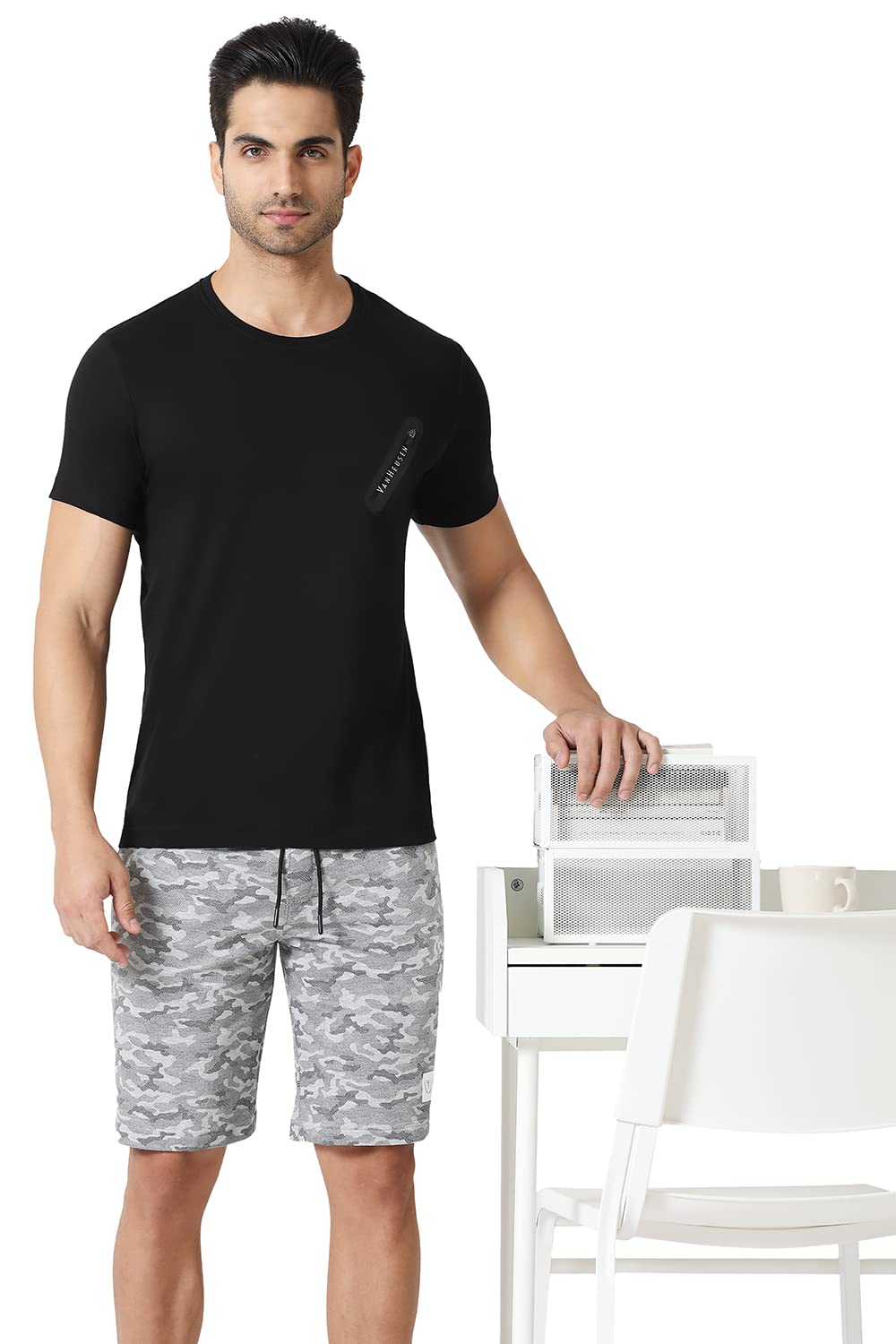 Van Heusen Men Knit Shorts - Cotton Rich - Drawstring Waist, Camo Print, Ultra Soft_70015_Grey Melange AOP_S