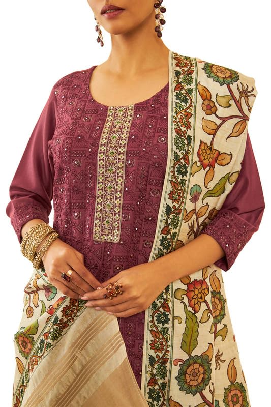 Soch Womens Maroon Silk Blend Embroidered Suit Set with Zardosi Sequinned Work