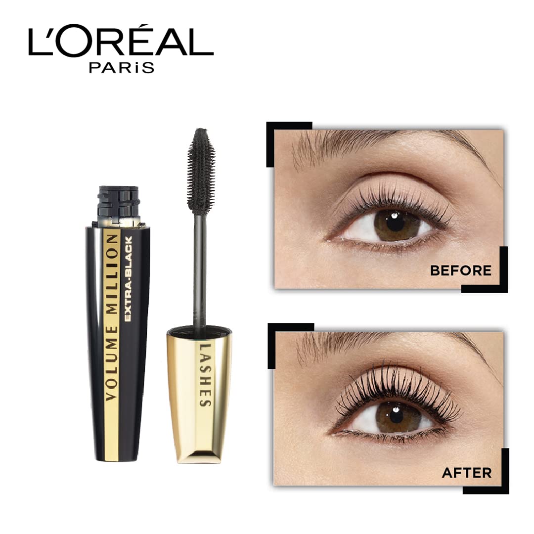 L'Oréal Paris Mascara, Fanned Out Lash Effect, Washable, Clump-free and Smudge-free, Volume Million Lashes, Extra Black, 10.7ml