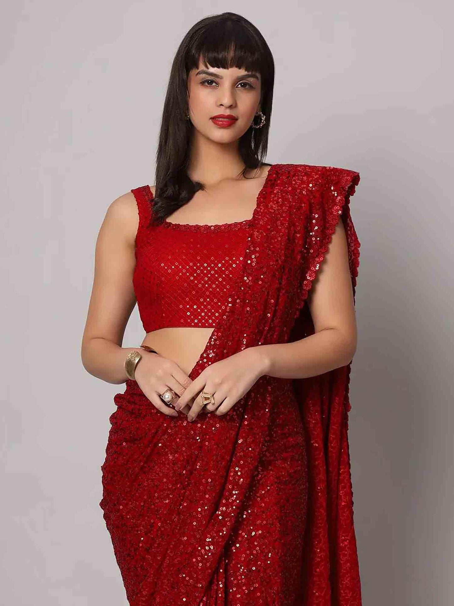 Zeel Clothing Women's Red Sequins Work Heavy Georgette Saree with Blouse (1010-Ruby-Red-Sequins-Party-Saree-New, Ruby Red)