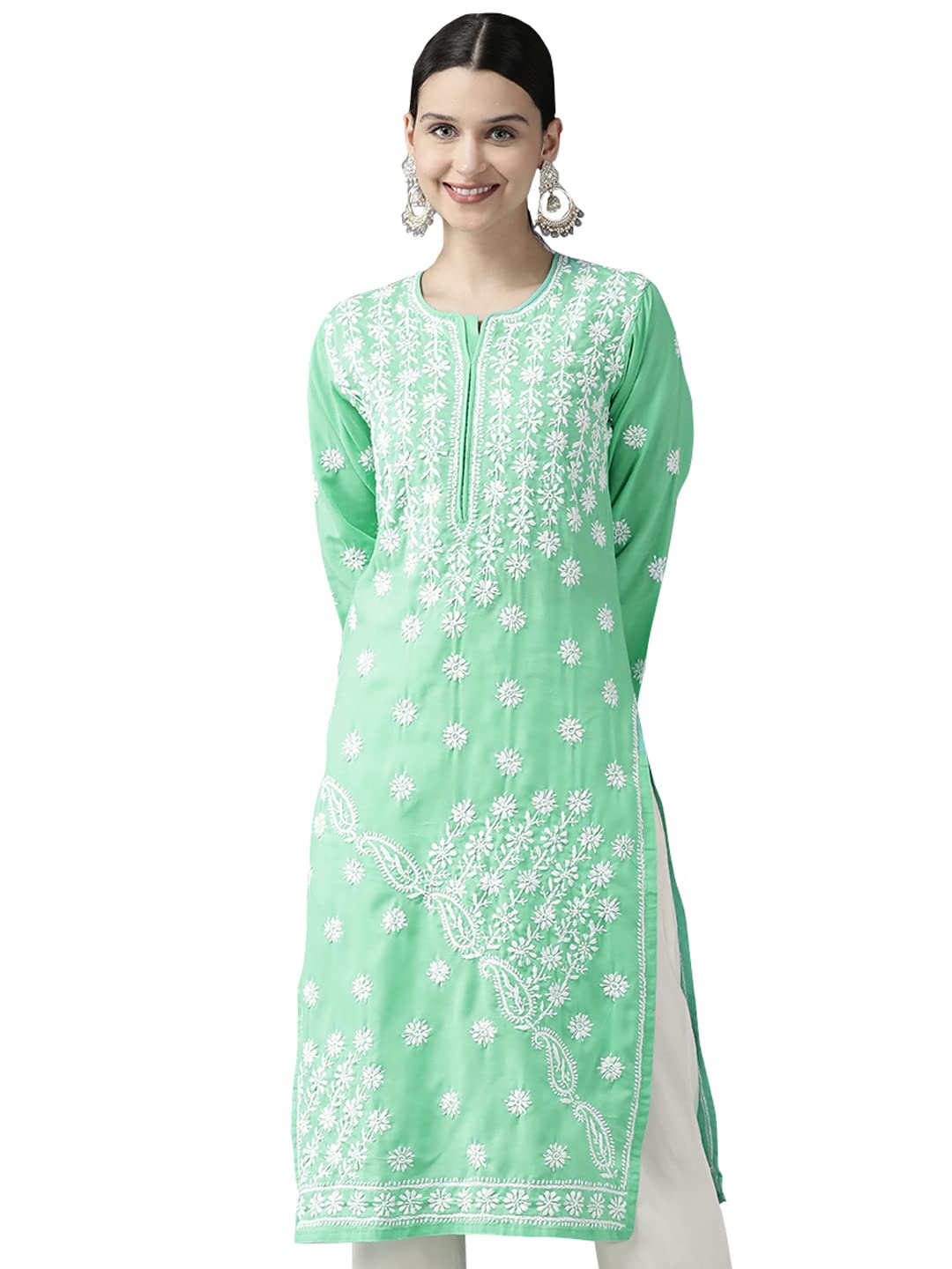 Ada Hand Embroidered Lucknowi Chikan Sea Green Cotton Kurta Kurti Tunic for Women A411418 (L)