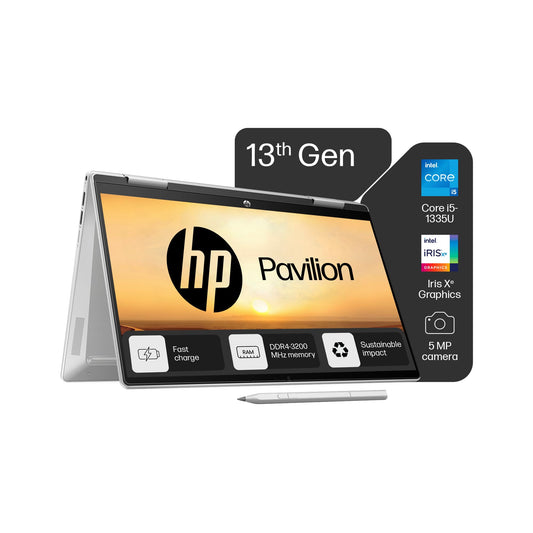 HP Pavilion x360, 13th Gen Intel Core i5-1335U, 14-inch (35.6 cm), FHD, Touchscreen, 16GB DDR4, 1TB SSD, FPR, 5 MP Camera, Backlit KB, Audio by B&O, Pen (Win 11, MSO 2021, Silver, 1.51 kg), ek1010TU