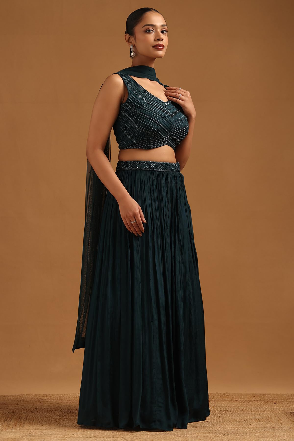 Soch Womens Teal Chinon Embellished Lehenga Choli With Sequins