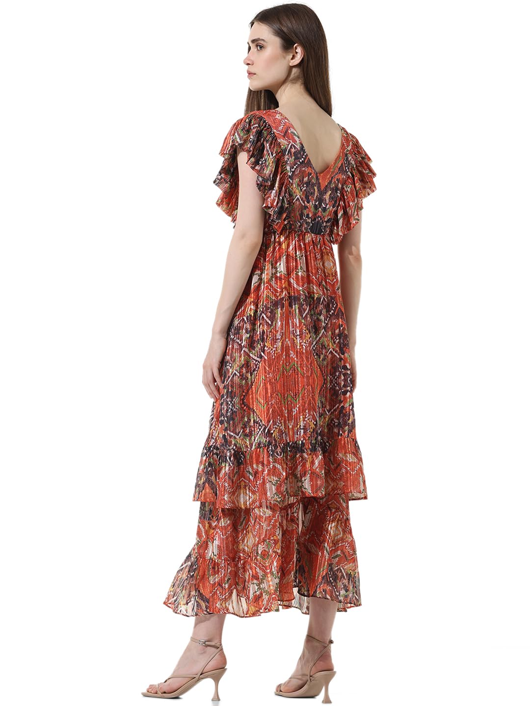 ONLY Women Printed Polyester Blend Ankle Length Brown Tiered Dress