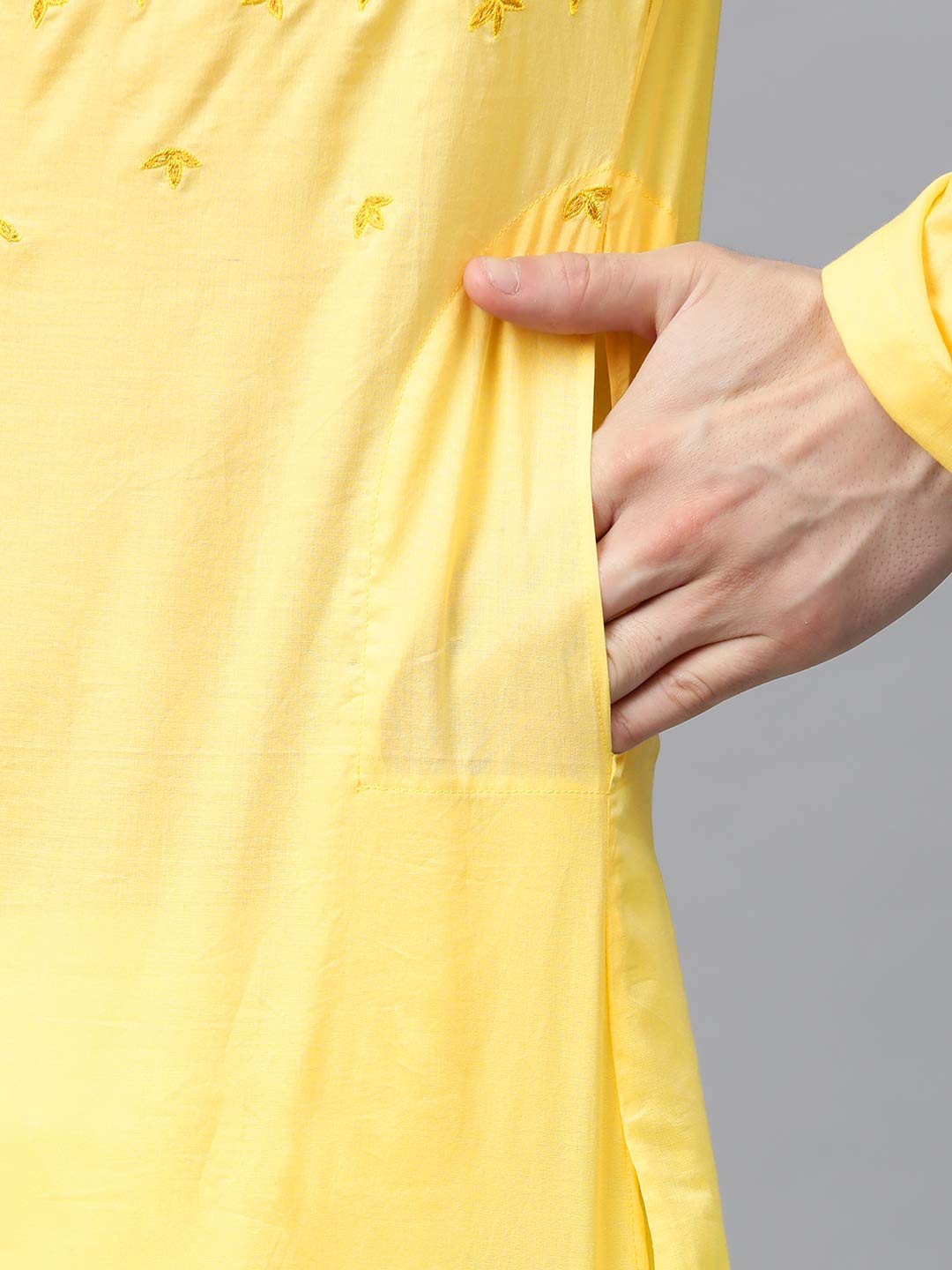See Designs Yellow Cotton Regular Fit Embroidered Kurta_SDMDWKT822S