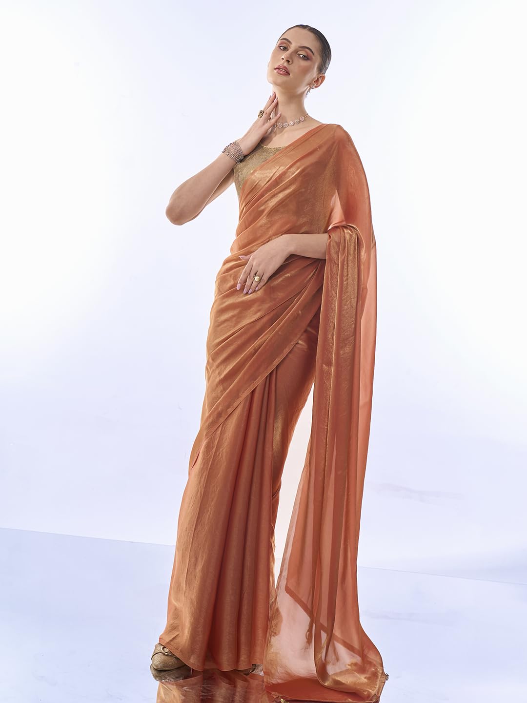 ORHANS Women's Organza Latakan Lightweight Saree With Art Silk Sequence Work Golden Unstitched Blouse Piece