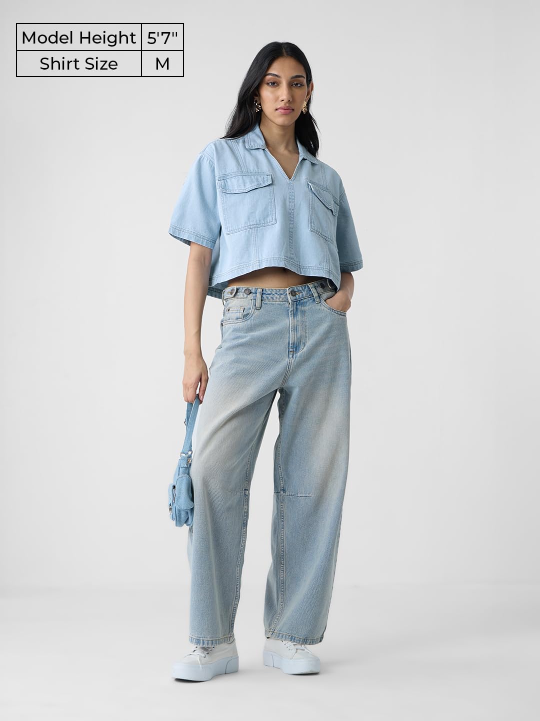 The Souled Store Denim Shirt: Mid Blue Women and Girls Short Sleeves Collared Neck Pull On Solid Cotton Oversized Cropped Shirts