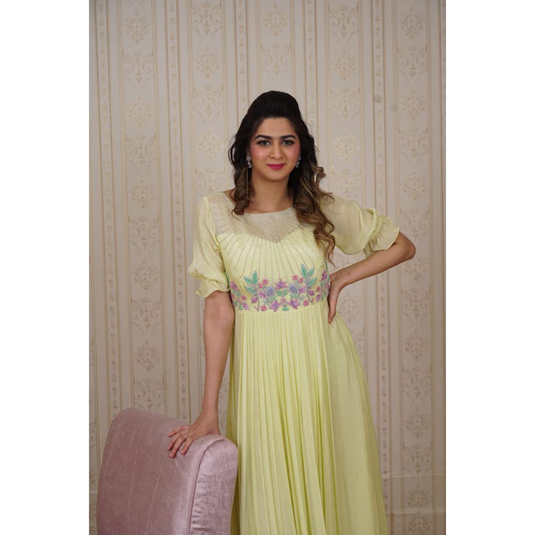 Avy's Label Chiffon Long Frock Lemon Yellow Maggam Work (Lemon Yellow, 36)