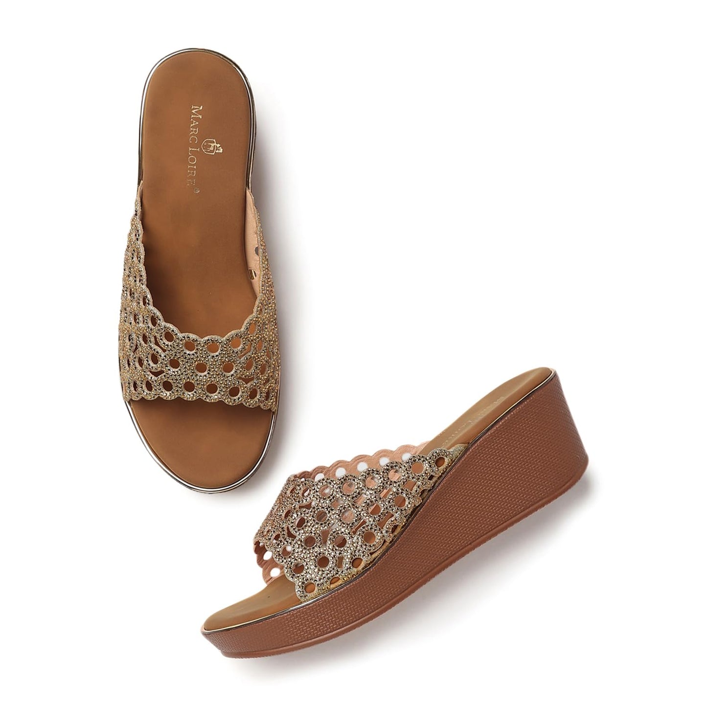 Marc Loire Women’s Flatform Heel Fashion Sandals | Elegant Embellished Slip-On Open Back Sandals for Casual, Ethnic & Party Outfits (Gold, UK Footwear Size System, Adult, Women, Numeric, Medium, 7)