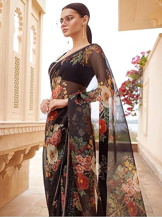 Zeel Clothing Women's Black Floral Organza Saree with Black Blouse (7027-Black-Saree-Floral-Organza-Women,Black_Free Size)
