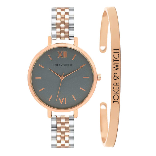Joker & Witch Stainless Steel FAE Grey Dial Rosegold Analogue Watch Bracelet Gift Set for Women, Gray Band