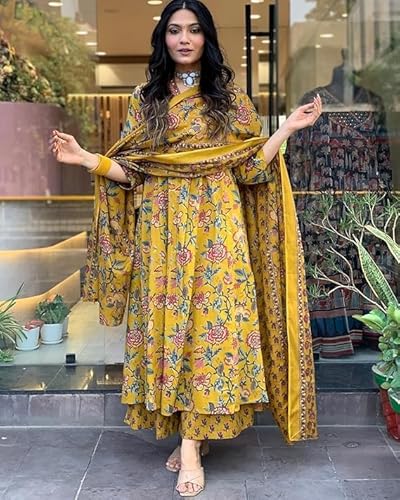 Avayayat Women's Rayon Anarkali Printed Kurta Set with Pant and Dupatta, A-Line Design, 3/4 Sleeves, Comfortable Ethnic Wear for Festive, Casual, Office & Wedding Occasions Yellow (Yellow, XL)