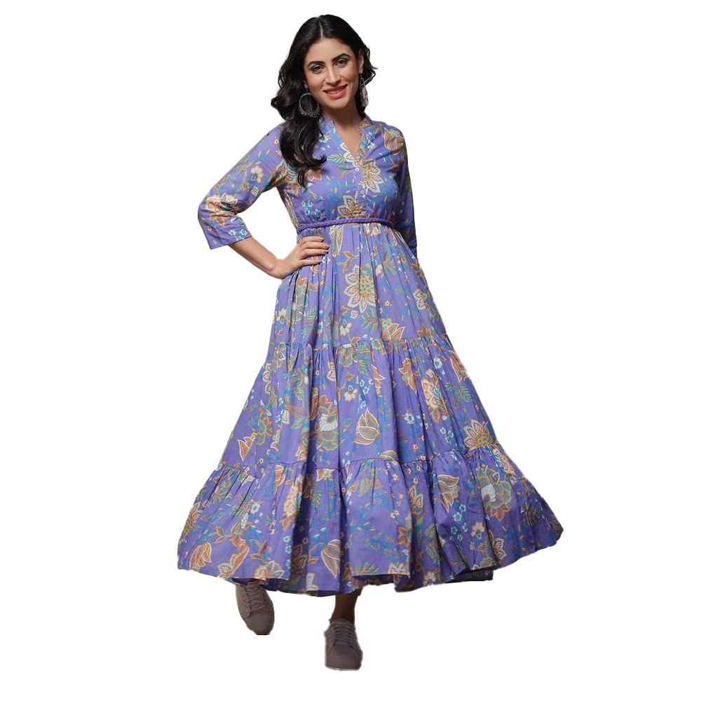 BIBA Women's Lilac Cotton Tiered Printed Maxi Dress