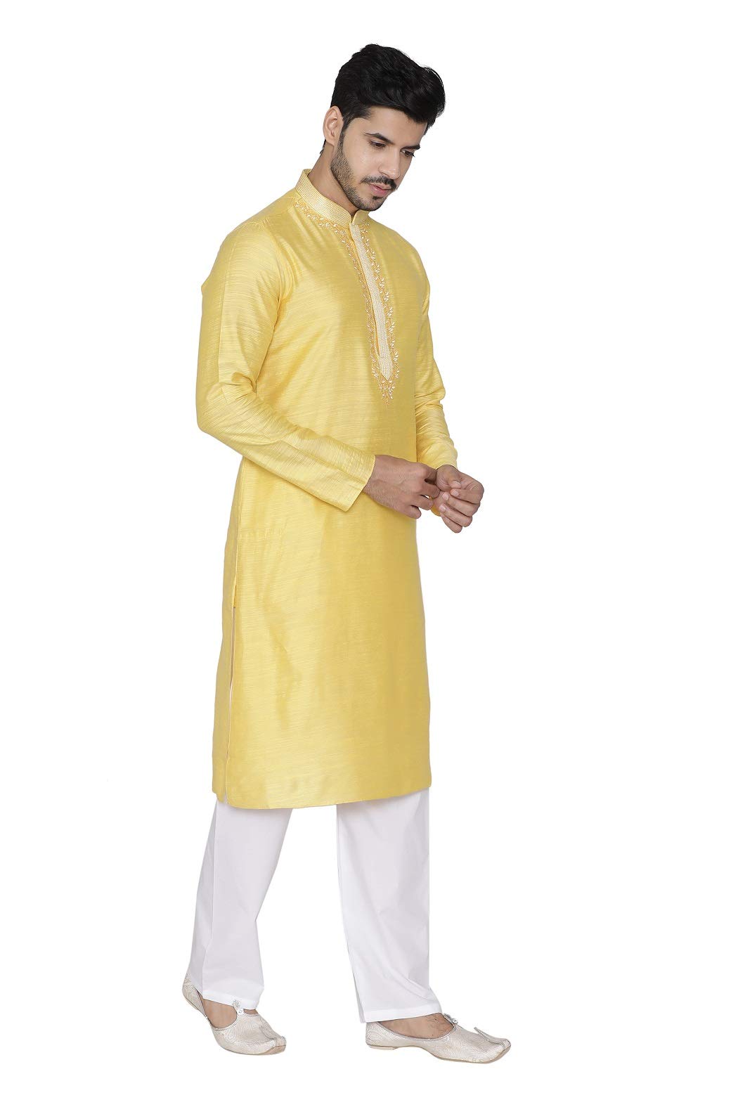 Manyavar Self Design Knee Long Full Sleeves Kurta and Churidar Set For Men - (Yellow, X-Large)