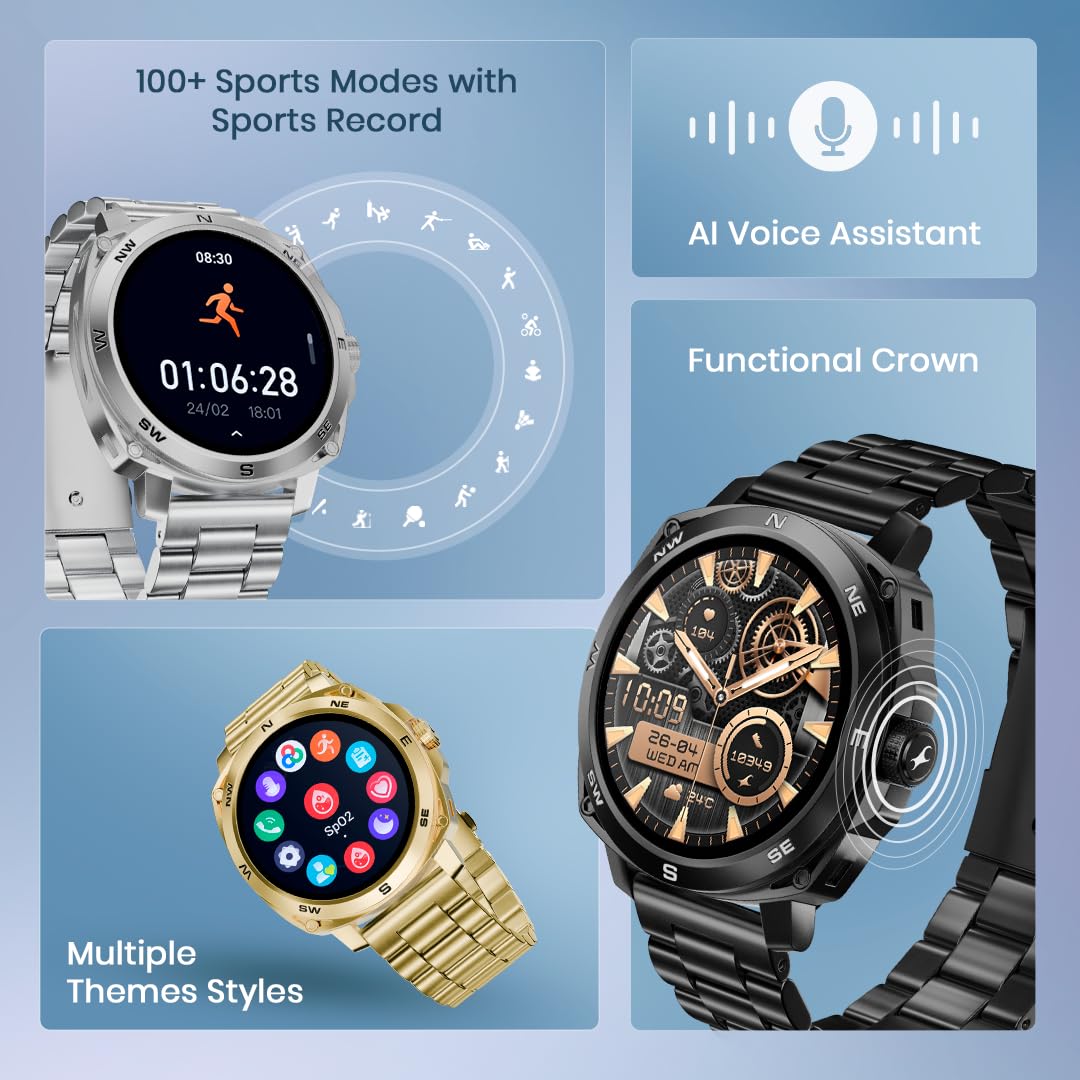 Fastrack Radiant FX3 Smart Watch, 3.63 CM AMOLED Display, Functional Crown, AOD & DND Mode, SingleSync BT Calling, AI Voice Assistant, Women's Health Tracking, 100+ Sports & Smartwatch Faces (Sliver)