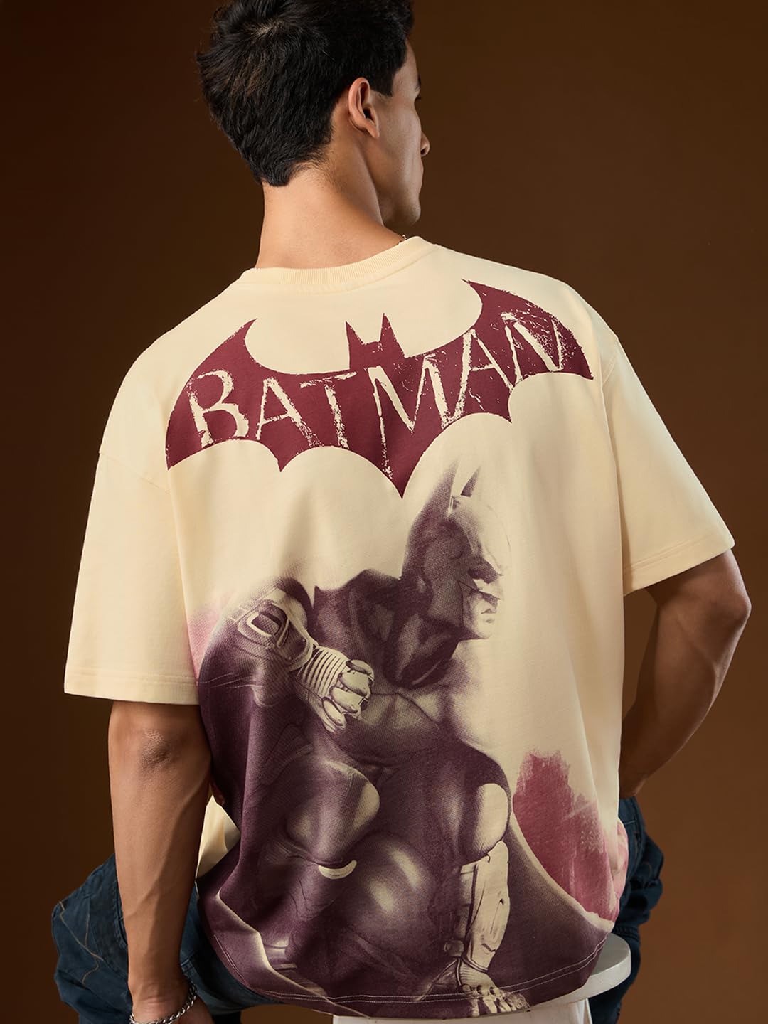 The Souled Store Batman: City of Arkham Men and Boys Short Sleeves Round Neck Beige Graphic Printed Cotton Oversized T-Shirts