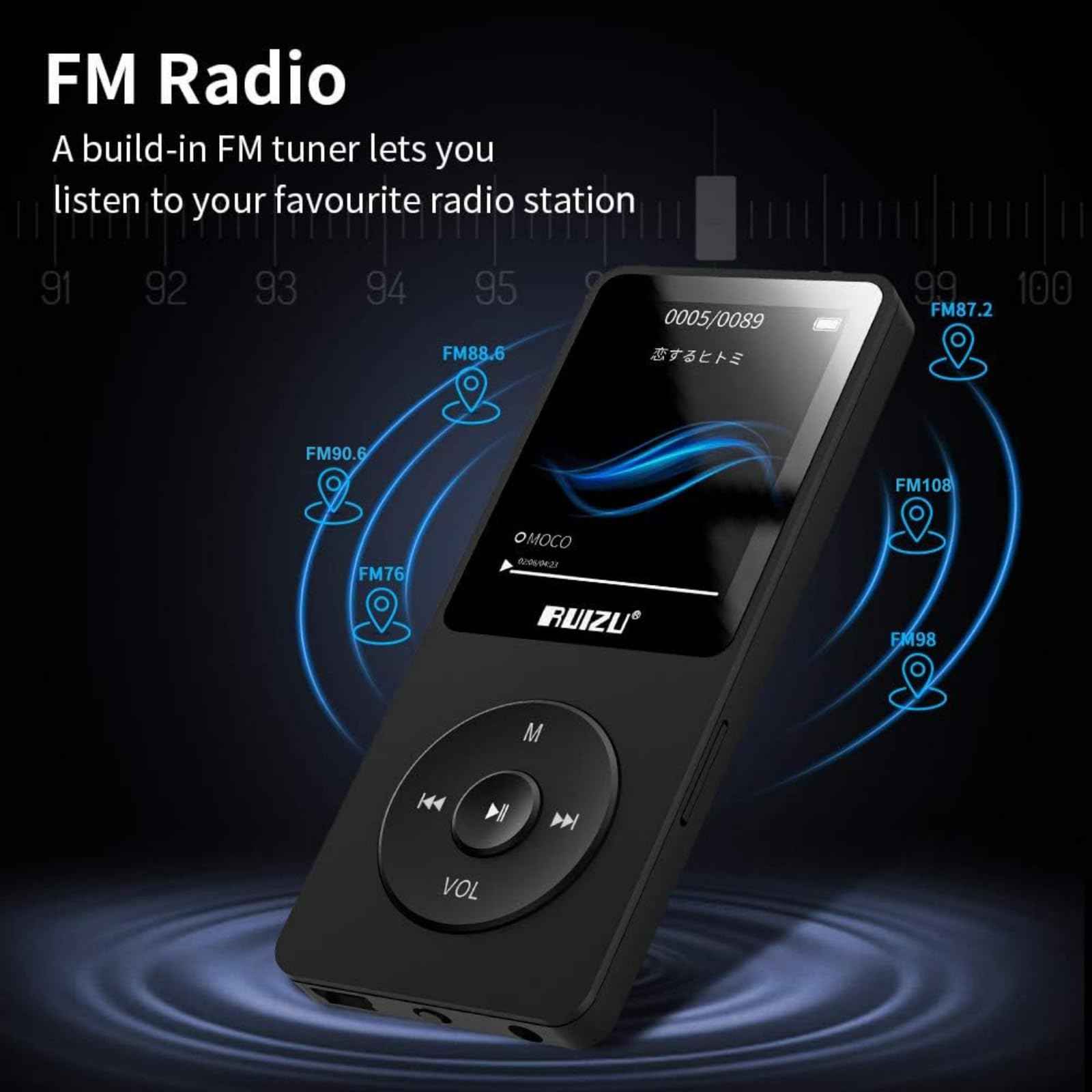RUIZU X02 8 GB Ultra Slim Mp3 Music Player with FM Radio, Voice Recorder, Video Play, Text Reading, 80 Hours Playback and Expandable Up to 128 GB (Black)