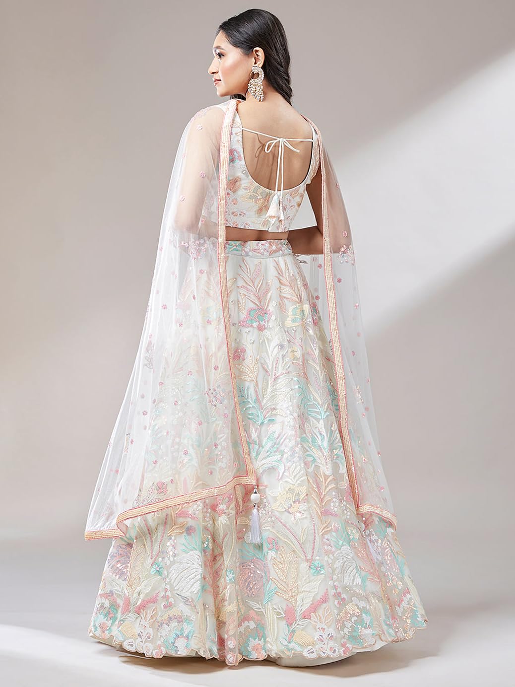 Zeel Clothing Women's Sequins Embroidered Soft Net Lehenga Choli With Dupatta (6032-Off-White-Wedding-Lehenga-Choli-New; Free Size)