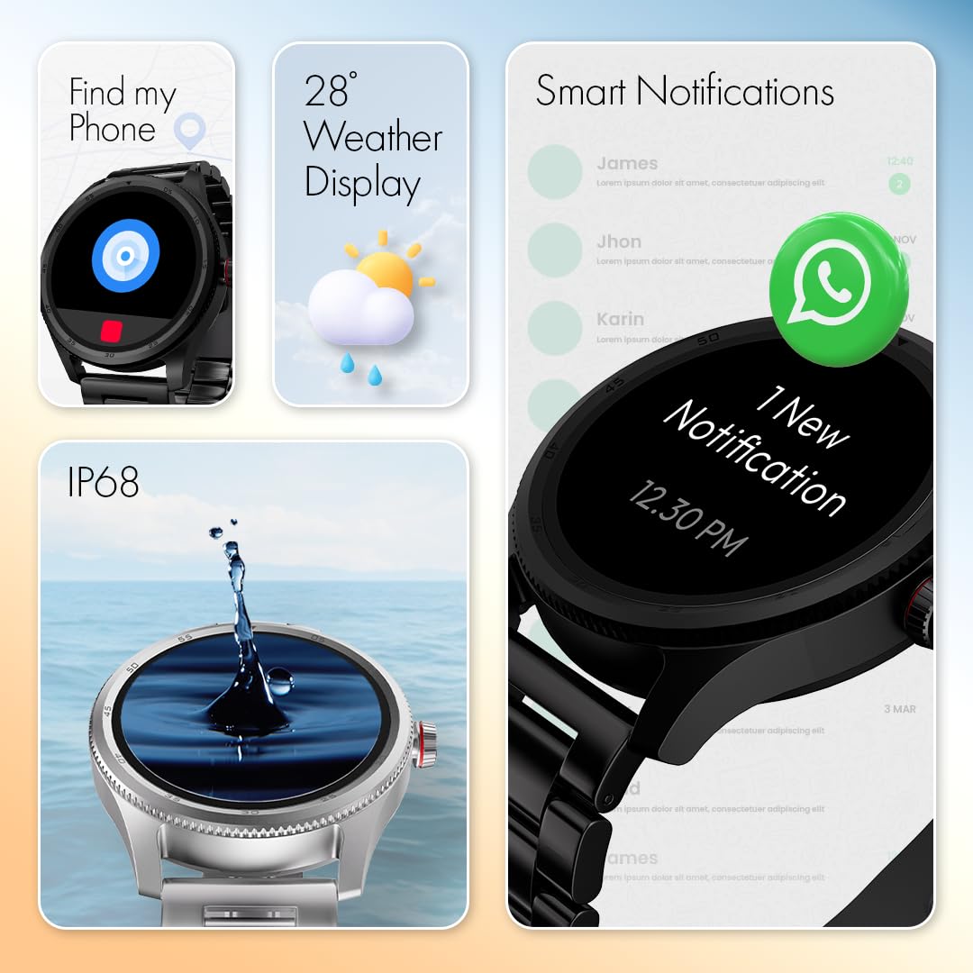 Fastrack Magnus FX1 1.38" Display Metal Case Smart Watch with Single Sync BT Calling, Functional Crown, 100+ Sports Modes, Health Tracking, in-Built Games – Smartwatch for Men (Black)