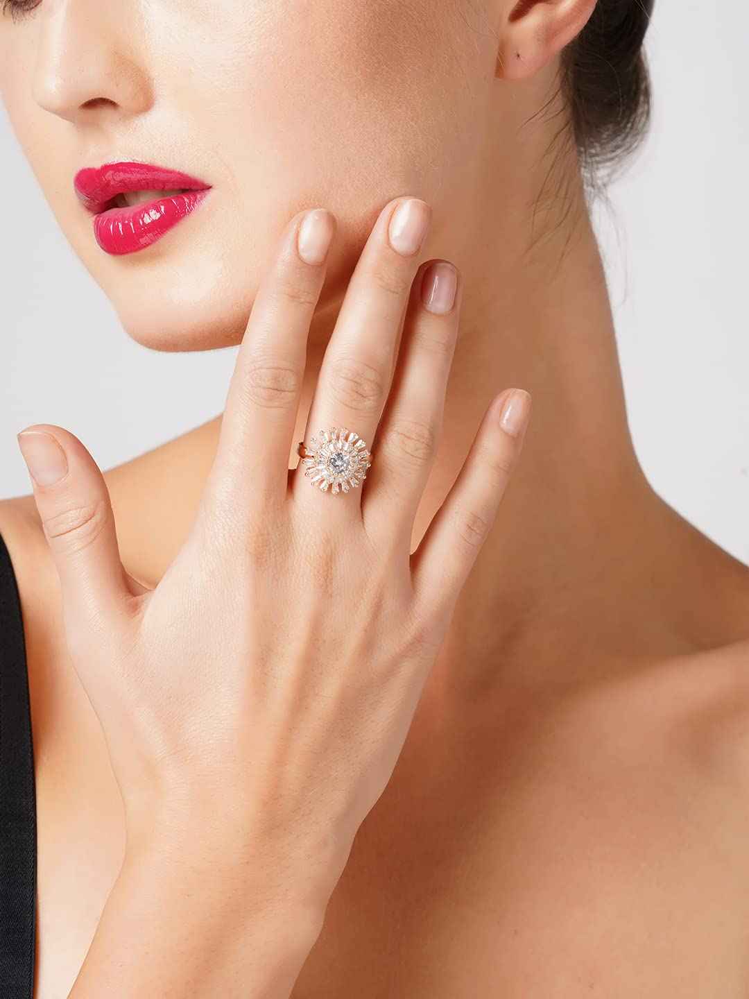 ZAVERI PEARLS Set of 2 Rose Gold Cubic Zirconia Contemporary Adjustable Finger Rings For Women-ZPFK13455