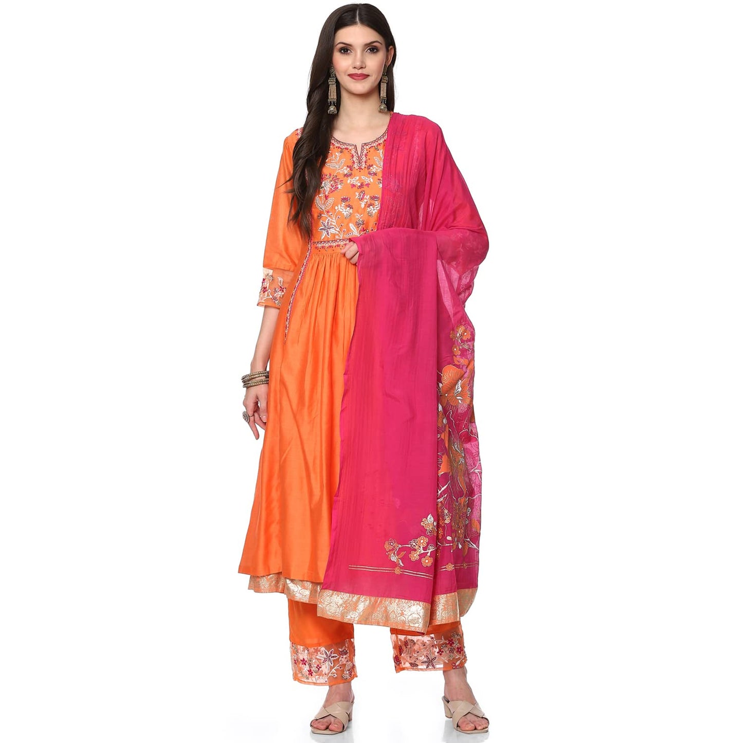 BIBA Silk Blend Women Embroidery Straight Salwar Kurta Dupatta(Skd8105_Orange/Pink_34)
