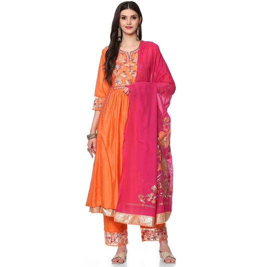 BIBA Silk Blend Women Embroidery Straight Salwar Kurta Dupatta(Skd8105_Orange/Pink_34)