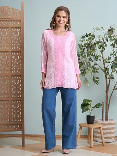 Ada Hand Embroidered Lucknowi Chikankari Georgette Short Kurti Top Tunic for Women A911515 Baby Pink (M)