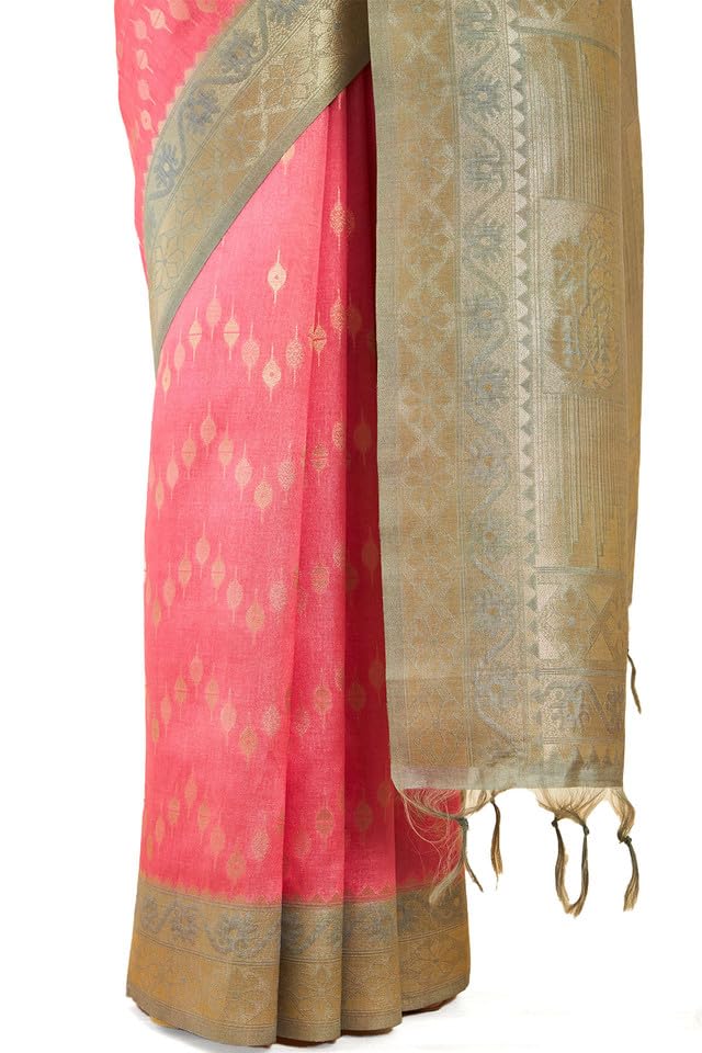 Soch Womens Pink Tussar Silk Saree With Woven Zari Designs And Grey Pallu
