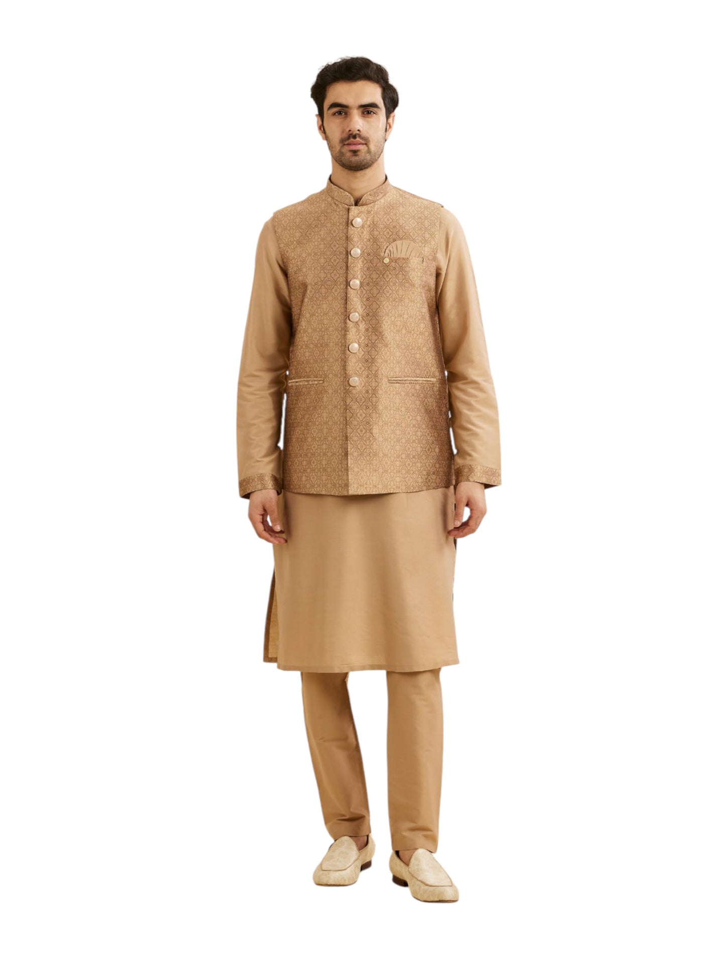 Manyavar Men's Brocade Regal Embroidered Kurta Jacket Set (Fawn,M)
