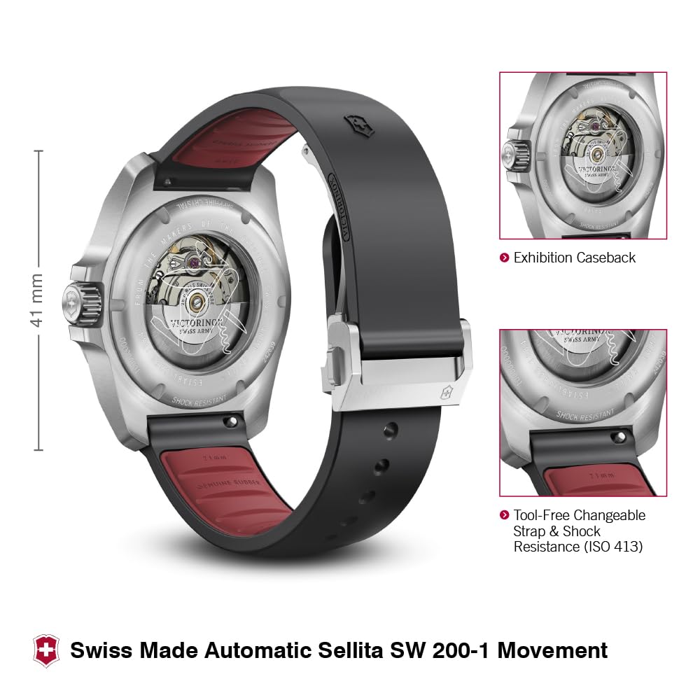 Victorinox I.N.O.X. Automatic, Swiss Made Men's Watch | Black Dial, 41 mm, 200M Water Resistant, Stainless Steel Case, Black Rubber Strap, Sellita SW 200-1 Movement | 242039