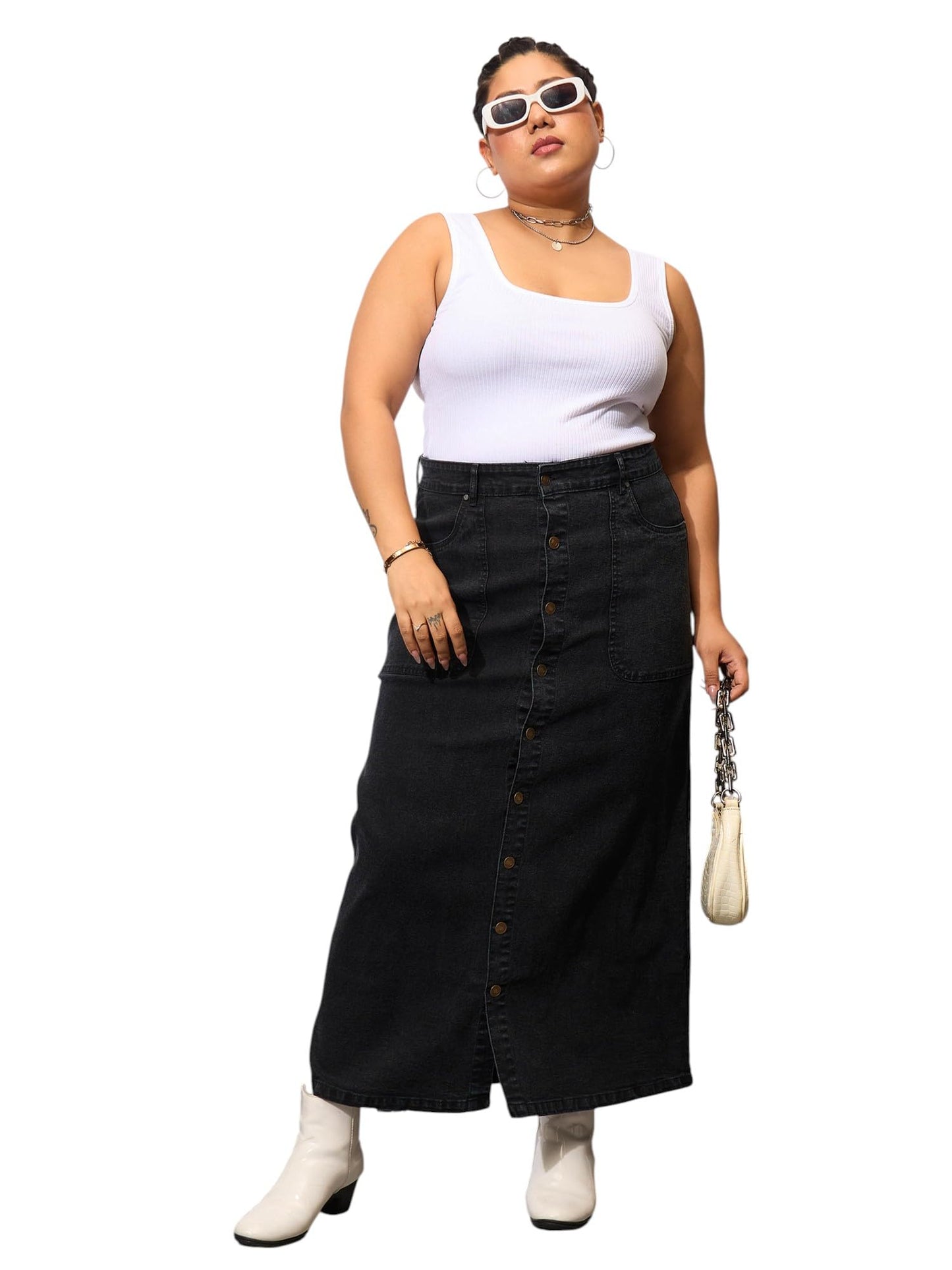 Black Denim Acid Wash Front Button Skirt