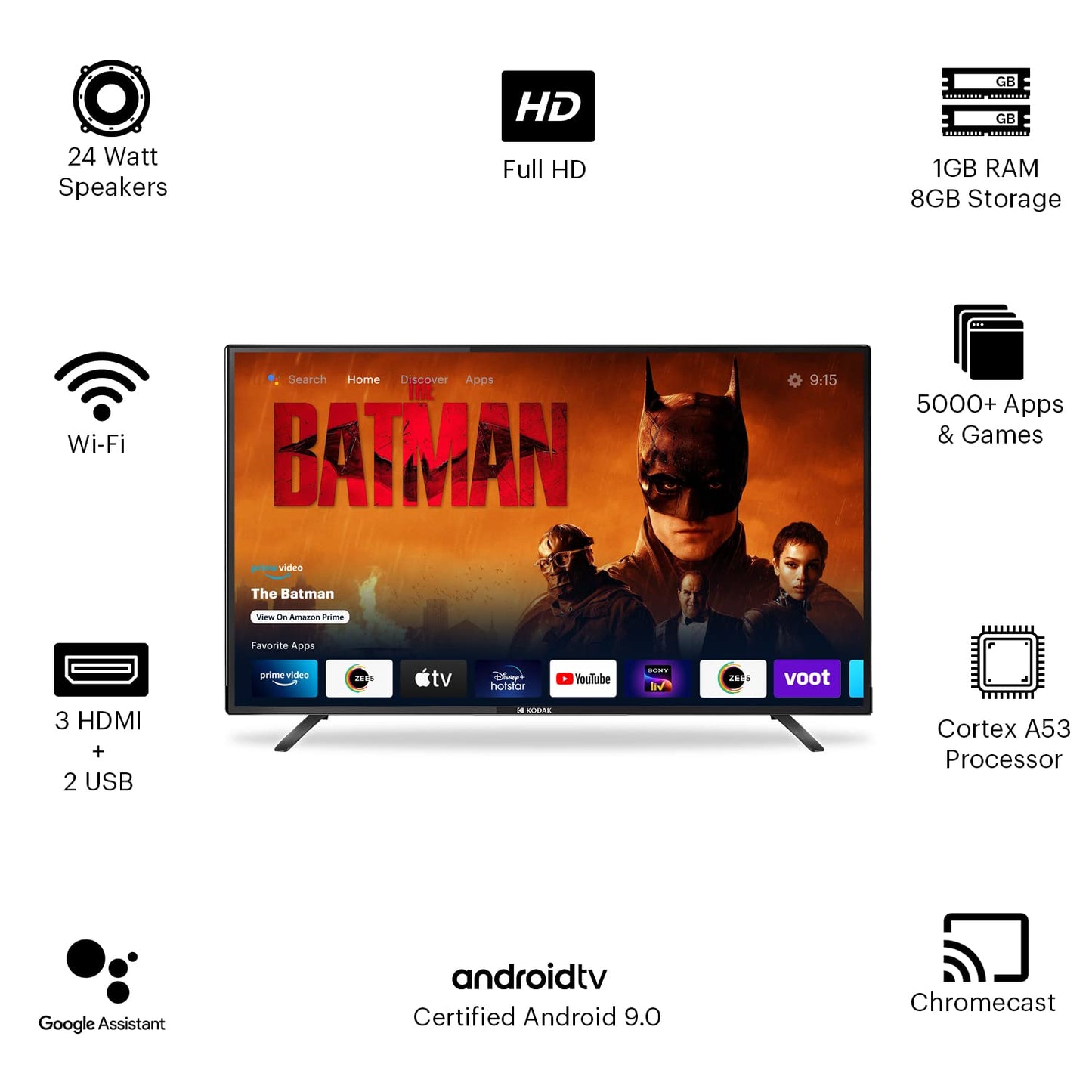 Kodak 80 cm (32 inches) HD Ready Certified Android LED TV 32HDX7XPRO (Black)