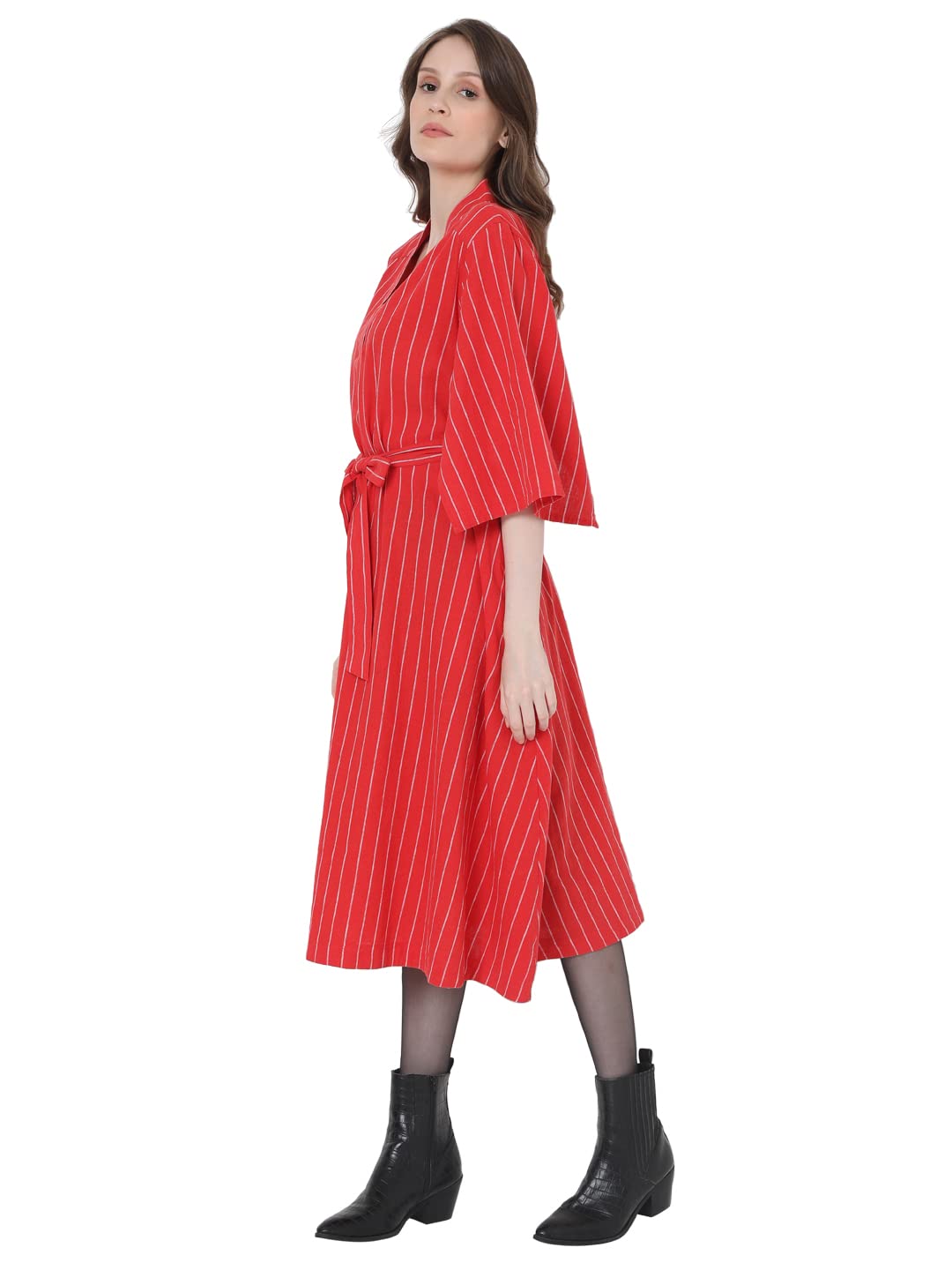 Vero Moda Women's Cotton Blend A-Line Calf Length Dress (10274812-Fiery Red_Fiery L)