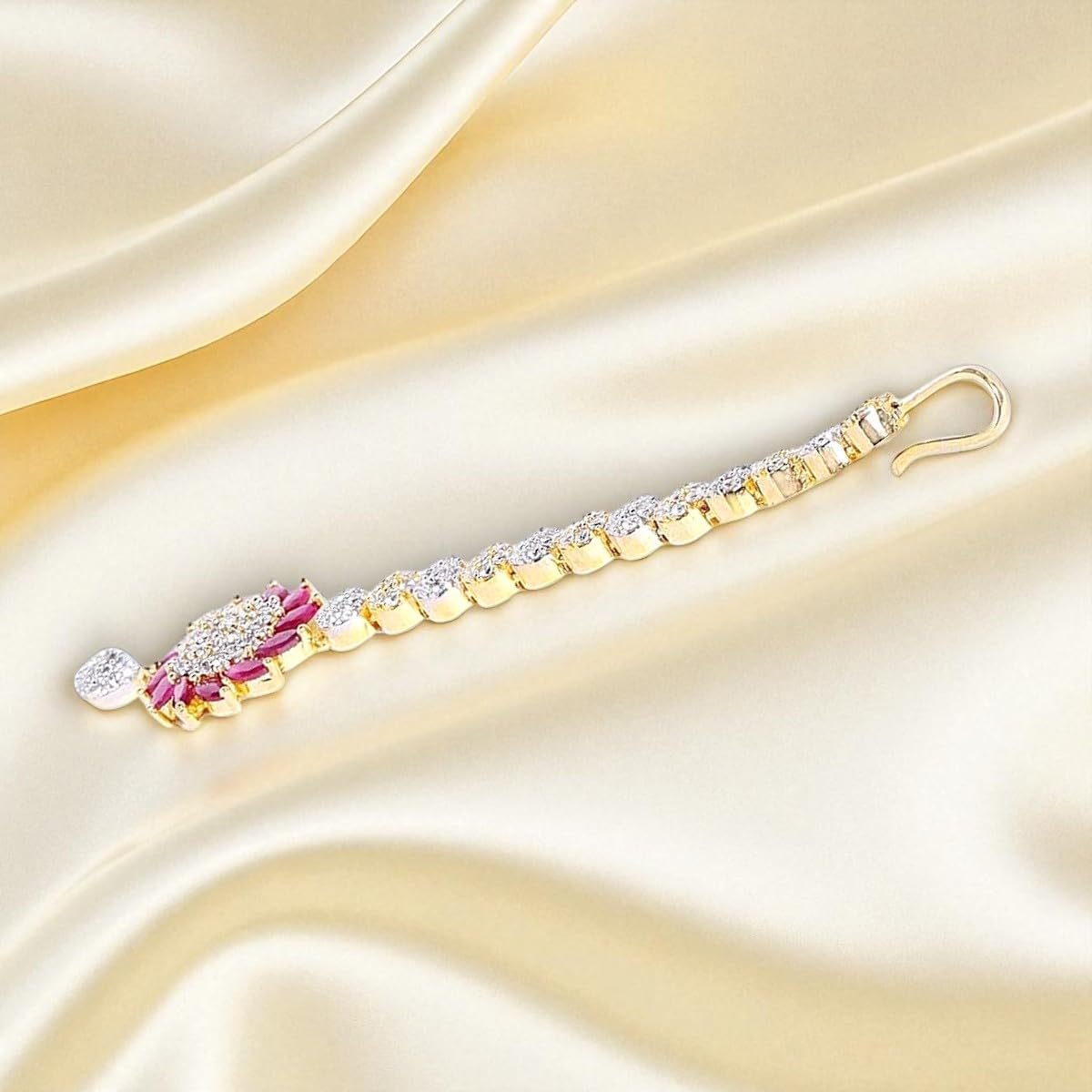 Accessher Traditional Dual Tone Plated Delicate Light Weighted American Diamond and Pink Stones Studded Floral Style Maang Tika for Women and Girls Pack of 1