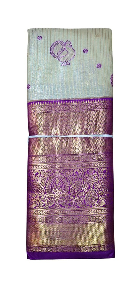 VFCollections Women's Kanchipuram Silk Pure Pattu Sarees With Blouse (VFC625-4), Purple,Beige