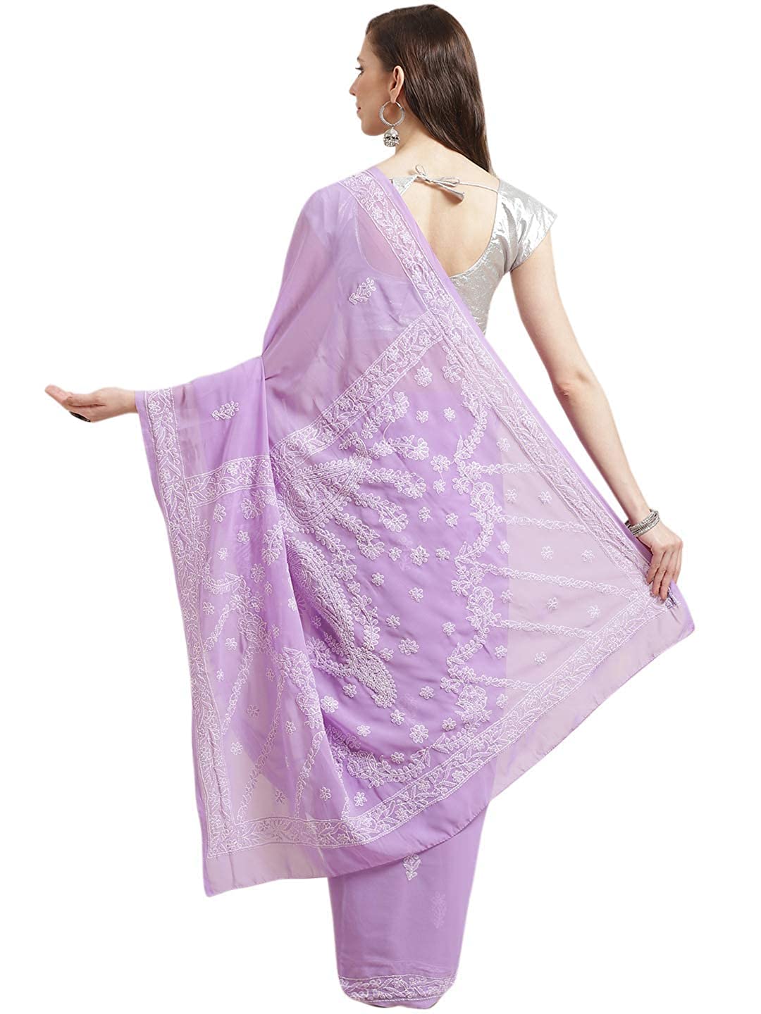 Ada Women's Hand Embroidered Lucknowi Chikan Faux Georgette Saree with Blouse A183248 Mauve