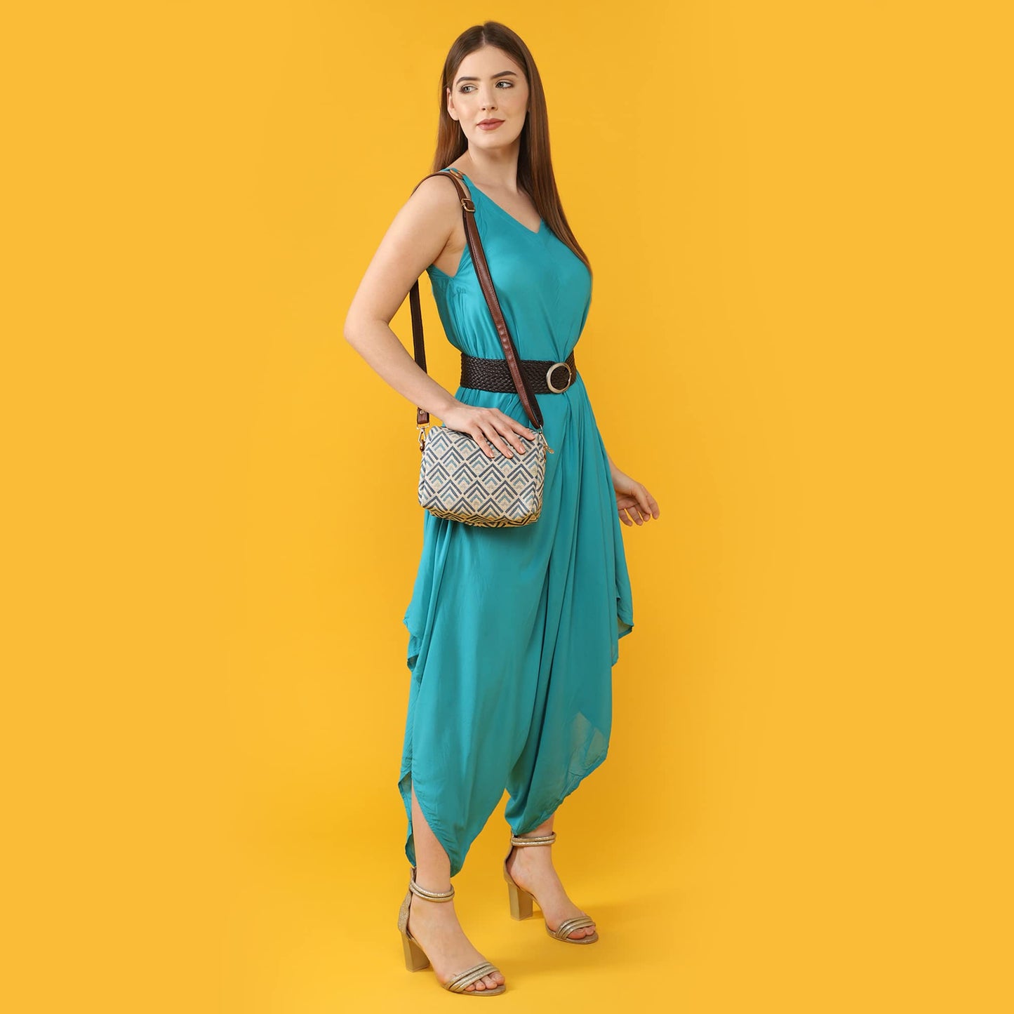 The Clownfish Isla Printed Handicraft Fabric Crossbody Sling Bag for Women Casual Party Bag Purse with Adjustable Shoulder Strap and Printed Design for Ladies College Girls (White with Grey Stripes)