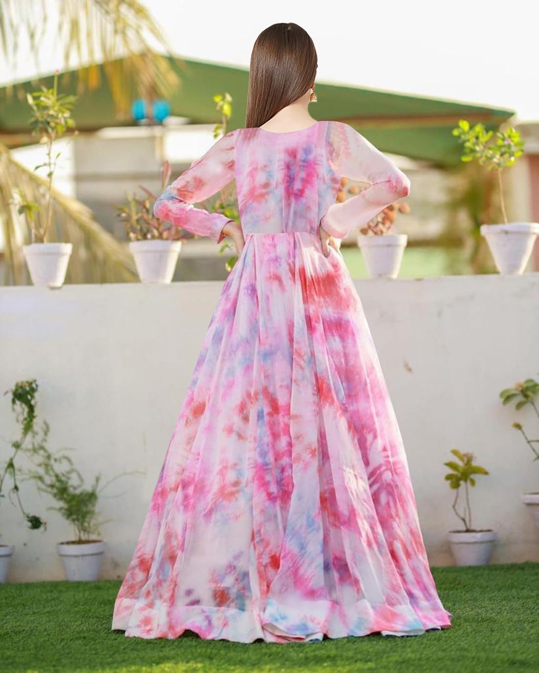 KEDARFAB Women's Georgette A-Line Maxi Ethnic XL_Gown_Chiffon_White