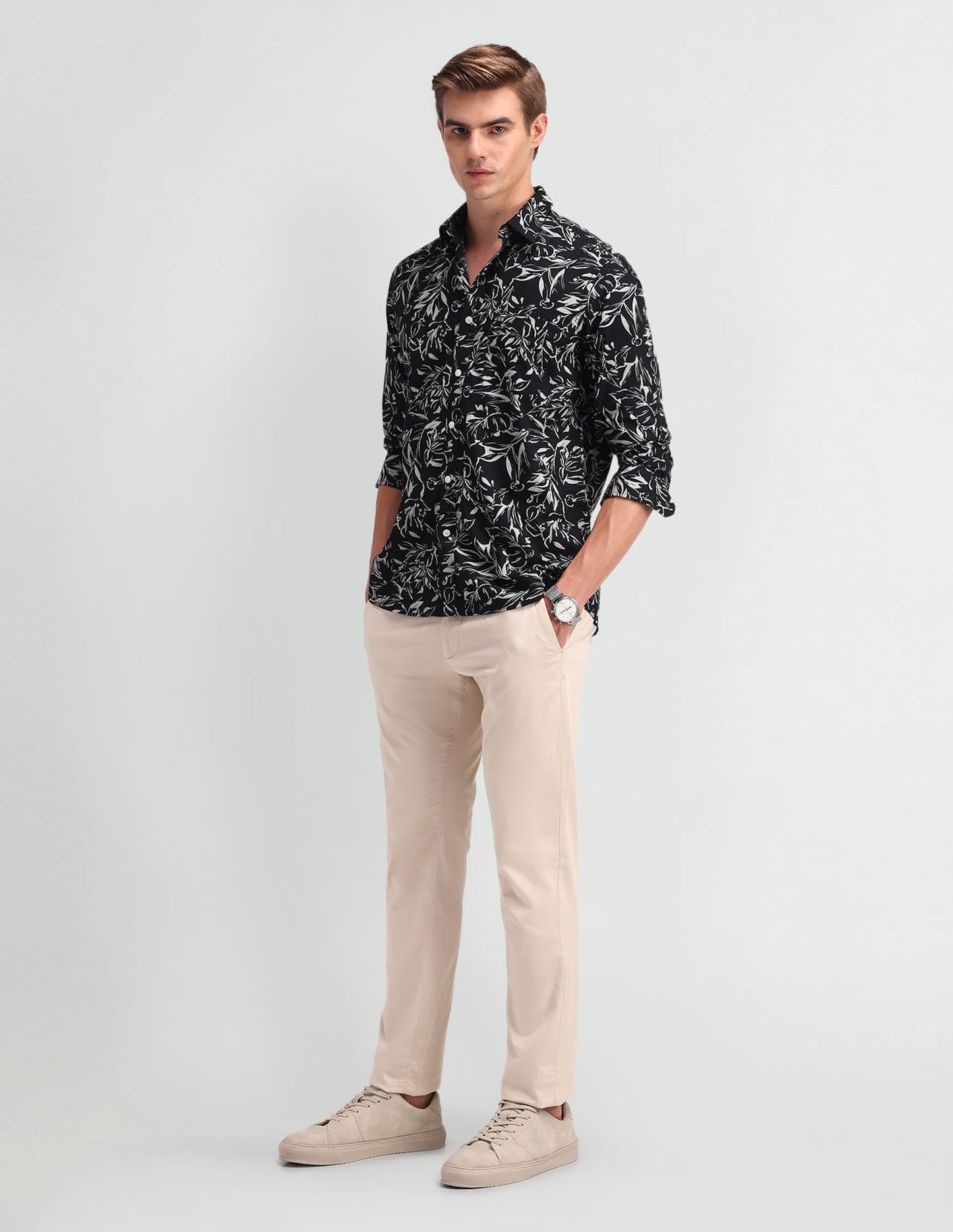Arrow Men's Printed Full Sleeve Slim Fit Point Collar Cotton Casual Shirt White