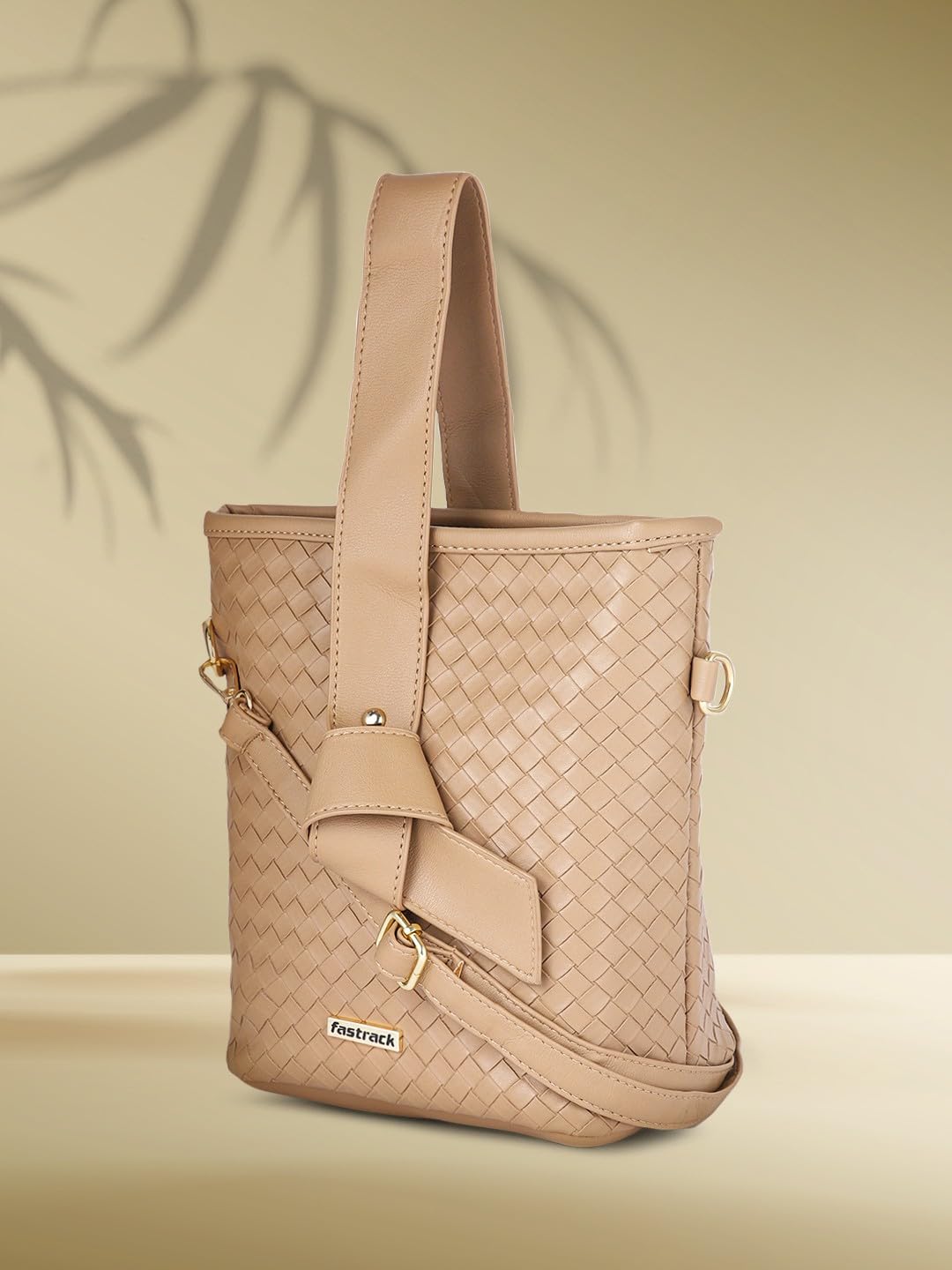 Fastrack Taupe Woven Design Bucket Bag for Women, Girls and Ladies | with Detachable Sling Strap | Handheld Bag for Women