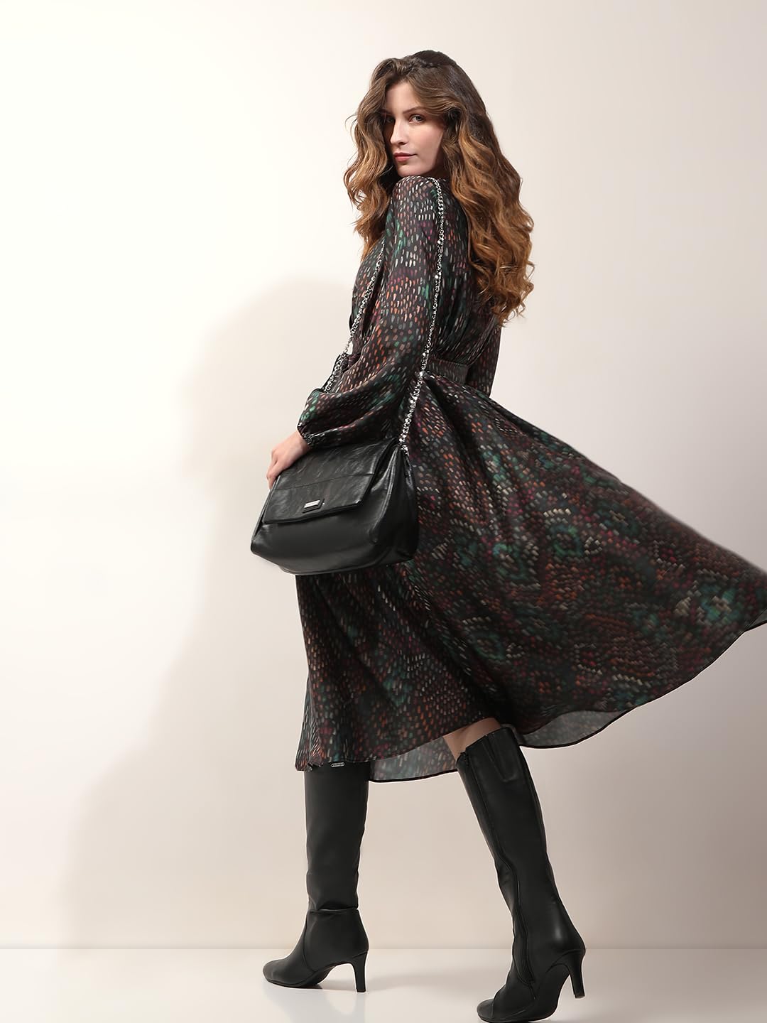 VERO MODA Women's Polyester Fit and Flare Midi Dress (9010805- Black