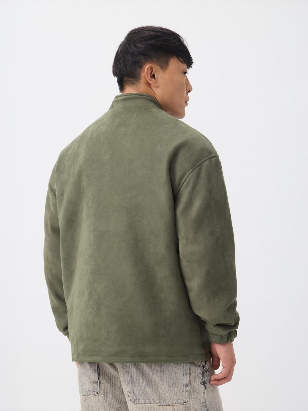 The Souled Store Racer Jacket: Men and Boys Full Sleeves Mock Neck Hunter Green Solid Suede Oversized Fit Utility Pockets Lightweight Winter Jacket